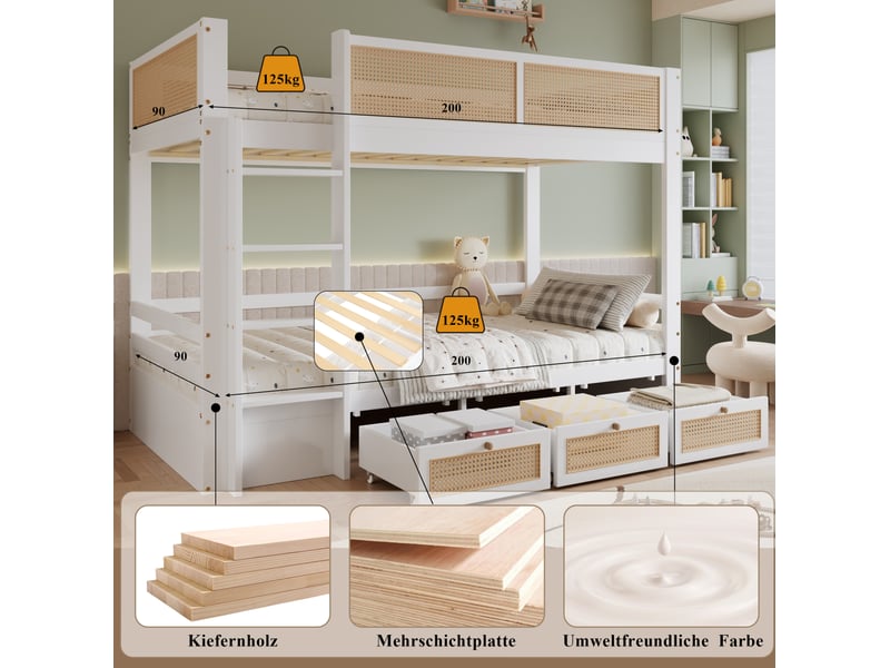 Lit superposé 90x200 cm avec 3 tiroirs à roulettes et échelle à 4 marches en pin et mdf blanc et coloris naturel - Conforama E