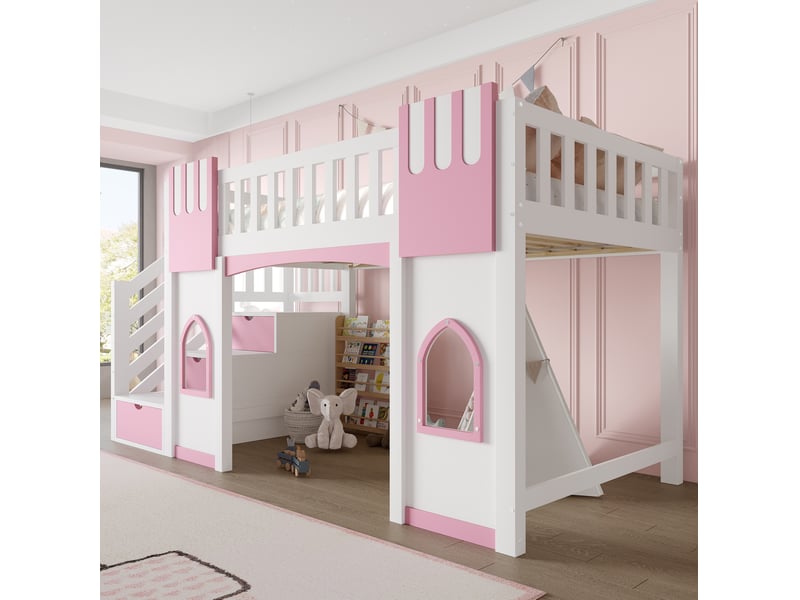  Lit mezzanine enfant 90x200 cm, escalier de rangement et fenêtres, lit simple, sommier, mdf, blanc et rose sans matelas  - Conforama D