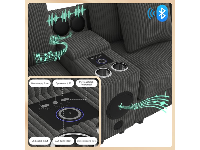 Canapé modulable velours côtelé gris canapé d'angle en u avec haut-parleur bluetooth, chargeur sans fil, rangement et porte-gobelets - Conforama D
