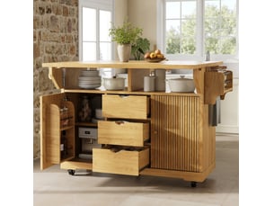 Desserte de cuisine 142,5x80x95 cm – marron naturel – plateaux rabattables, 3 tiroirs et roulettes