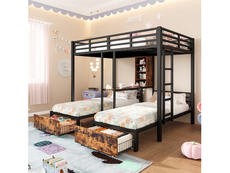  Modenvie lit superposé 3 places 140x200 cm + 90x200 cm - avec rangements, 2 tiroirs - sans matelas - noir  - Conforama E