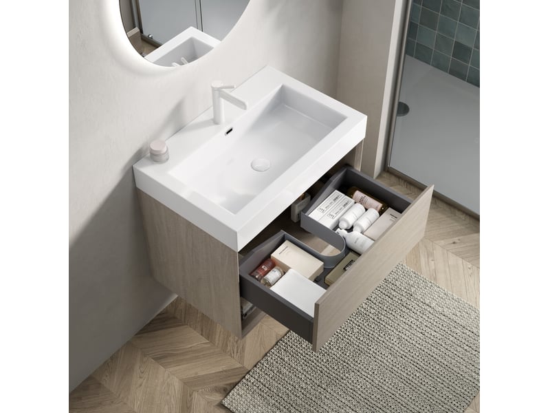 Meuble sous vasque suspendu avec 1 tiroir et niche ouverte pour salle de bain, chêne clair 70 × 46 × 60 cm - Conforama D