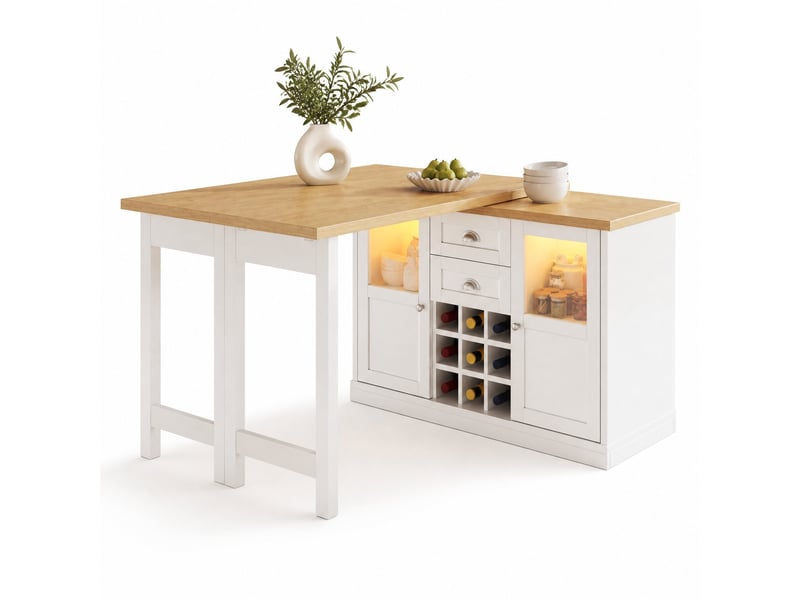 Table à manger extensible pivotante à 360° avec rangement, led et casier à vin - lpospi - mdf blanc - Conforama A