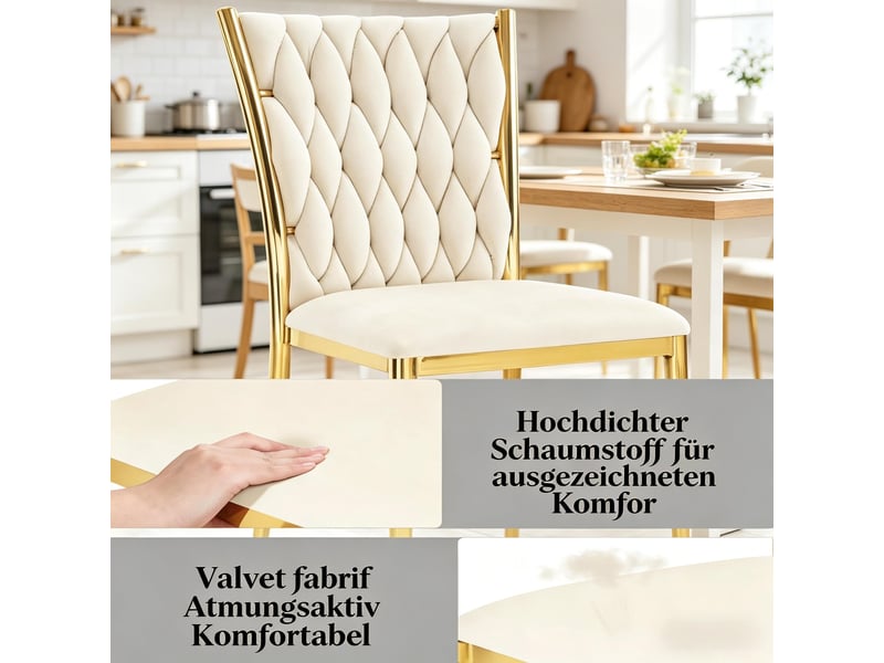  Chaises de salle à manger lot de 2 à dossier haut  - assise rembourrée en velours métal doré blanc crème  - Conforama E