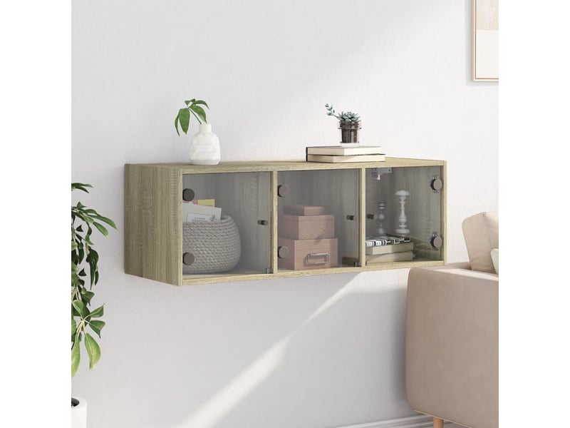  Armoire murale salon, meuble de rangement avec portes en verre chêne sonoma 102x37x35 cm  - Conforama C