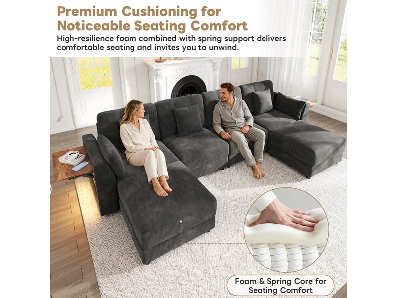  Canapé d’angle modulable ul gris, chenille, 2 poufs, led, tablettes d’accoudoir pliantes, 6 coussins  - Conforama C