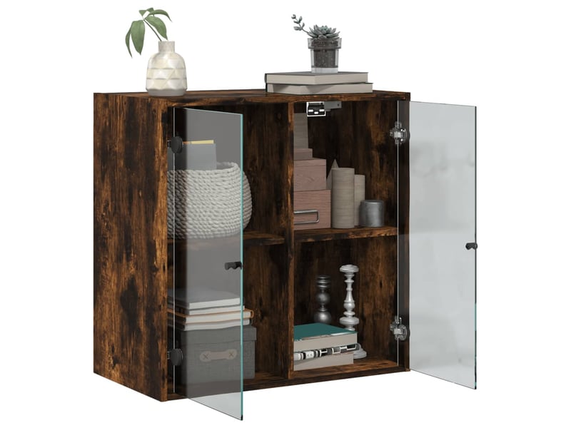  Armoire murale salon, meuble de rangement avec portes en verre chêne fumé 68x37x68,5 cm  - Conforama E