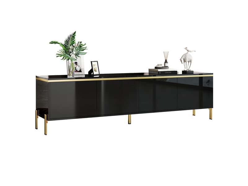 Meuble tv 170x38x50 cm noir brillant avec 4 portes et passe-câbles - Conforama A