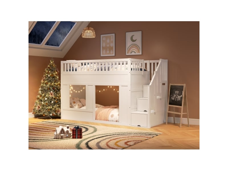  Lit enfant superposé 90x200 cm blanc - mezzanine avec rangements, échelle, espace jeu dessous, sans matelas  - Conforama E