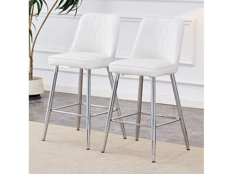  Lot de 2 tabourets de bar 100 cm, chaise de bar, tabouret haut, chaise haute de cuisine, pu, en métal argenté, blanc  - Conforama D