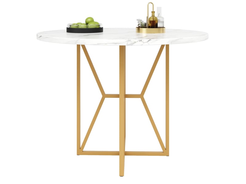  Table de salle à manger 80x80, design luxueux table à manger, plateau laqué brillant, pieds dorés, hauteur réglable  - Conforama A