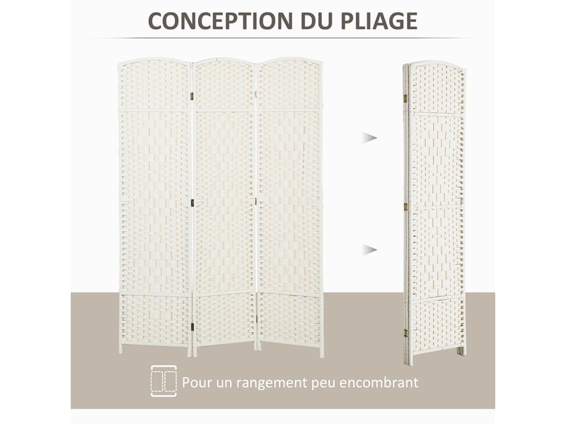  Paravent intérieur en bois 3 panneaux séparateur de pièce pliable pour salon chambre blanc 135 x 180 cm  - Conforama D