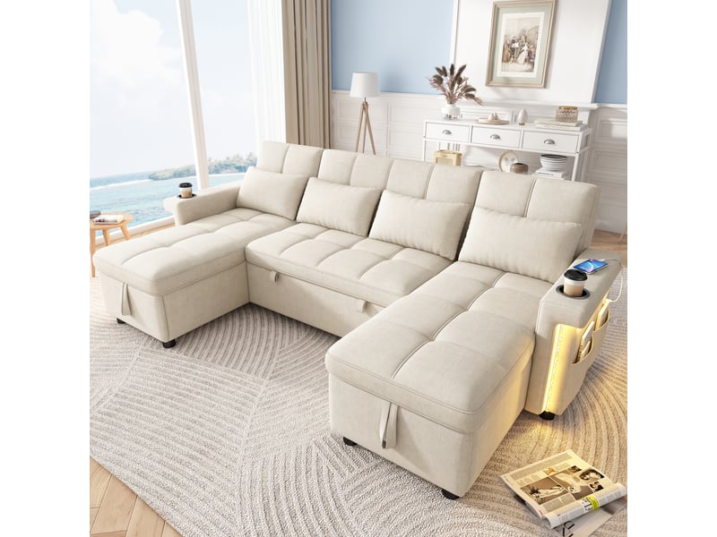  Canapé d’angle convertible en u 4 places 268,5 cm, 2 méridiennes avec coffre, dossier réglable 3 positions, led, usb et usb-c, chenille beige Radiant Stride - Conforama B