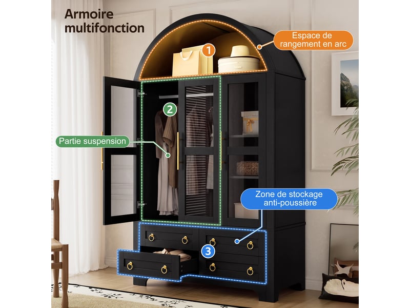 Armoire de rangement 110x50x186 cm - 4 tiroirs - led contrôlable par application - mdf et panneaux de particules - noir CozyNest - Conforama E