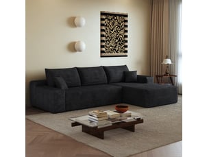 Canapé d'angle 3 places modulaire en velours côtelé noir, avec chaise longue, assise profonde et montage sans outil