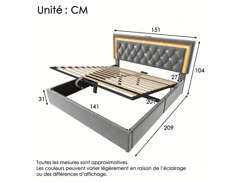Lit coffre 140x200 avec matelas inclus, led, usb-c, velours gris - Conforama C