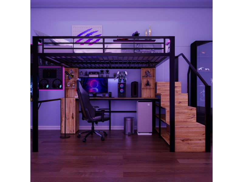  Lit mezzanine 140x200 cm - lit combiné métal avec bureau, port usb, armoire et escalier rangements - noir  - Conforama C