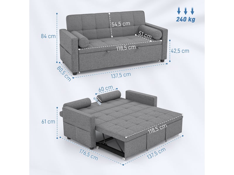 Canapé convertible 2 places 3 en 1 canapé-lit avec lit gigogne double dossier réglable 2 coussins gris 80,5x137,5x84cm - Conforama C
