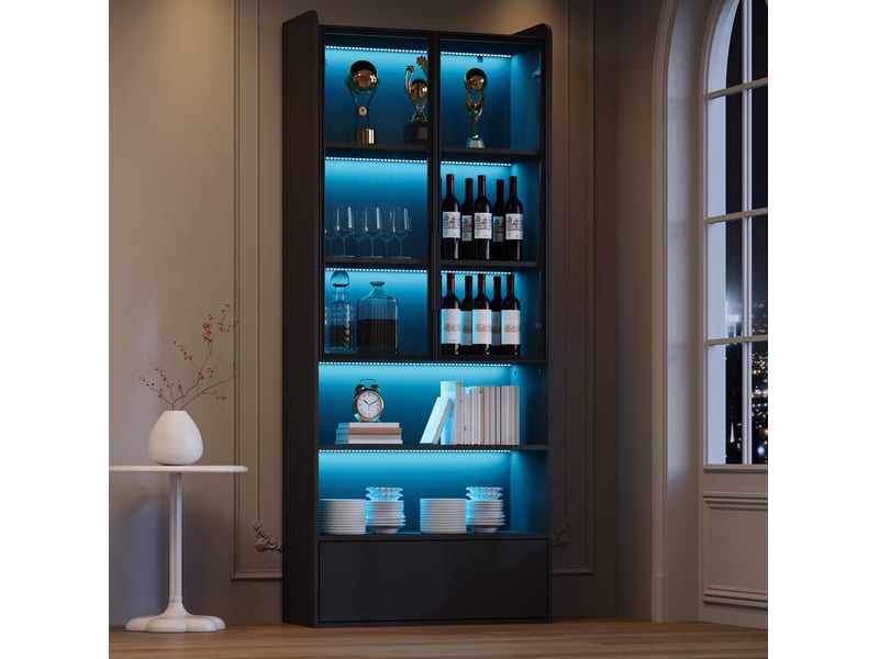 Vitrine 80x34x180 cm, led, espace de rangement, porte en verre, 1 tiroirs, bibliothèque, salon, en verre et mdf, noir - Conforama E