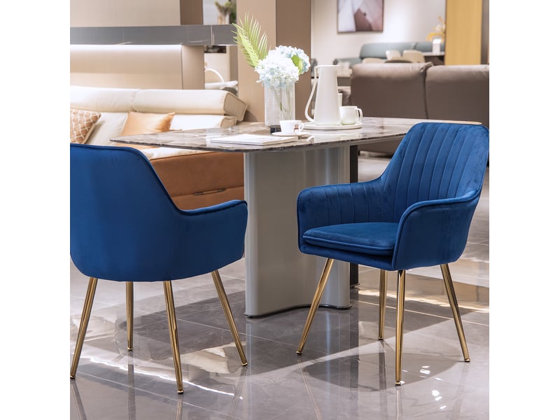 Lot de 2 chaises de salle à manger en velours bleu avec accoudoirs et pieds dorés - Conforama E