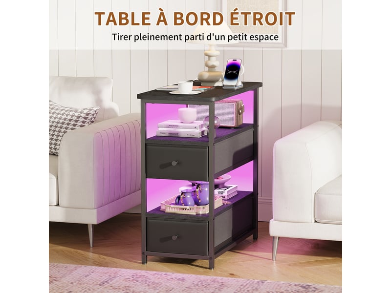 Table de chevet noire 4 niveaux – 2 tiroirs + led rgb, ports usbc & eu, 58×28×60,5 cm  - Conforama W