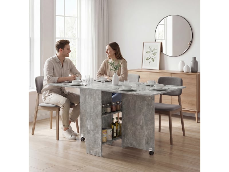  Table pliante en bois à roulettes pour 4 à 6 personnes, 75 x 140 x 74 cm, grise  - Conforama D