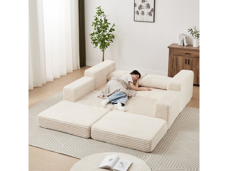  1canapé modulable 2-en-1 en velours côtelé avec pouf amovible – 2 coussins inclus, 74×194×169.5 cm, beige  - Conforama D