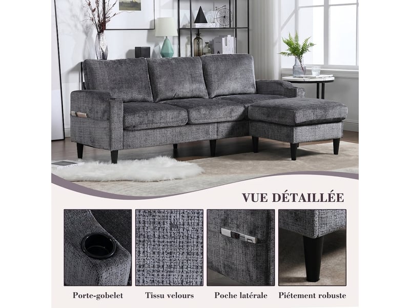 Canapé 4 places avec pouf gris contemporain - rangement, chenille douce, porte-gobelets - Conforama R