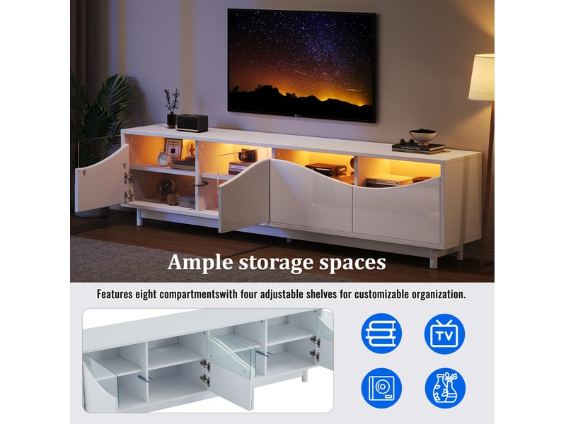  Meuble tv blanc laqué courbé 175x38x51 cm, porte en verre trempé, éclairage led pilotable via appli, mdf, sans poignée  - Conforama D