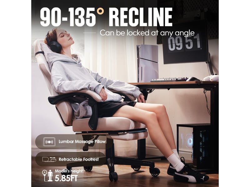  Fauteuil gaming – assise à ressorts ensachés – coussin lombaire massant – repose-pieds – charge maximale 135 kg – beige  - Conforama C