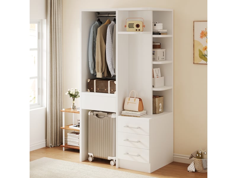  Armoire penderie enfant 70x45x135 cm - 3 tiroirs - penderie ouverte - étagères ouvertes - bois et bois reconstitué - blanc  - Conforama E