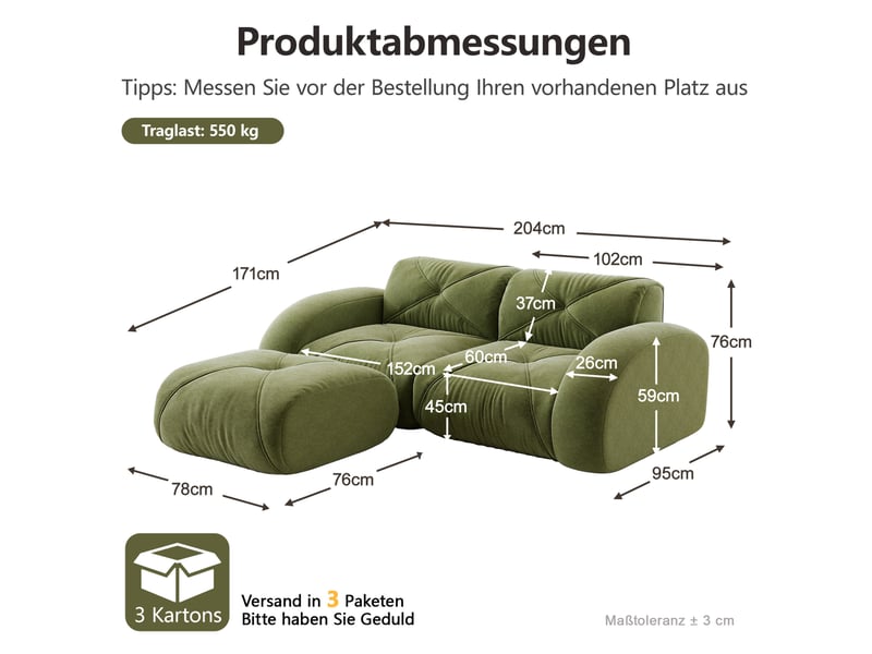 Canapé modulable ulevr 2 places avec pouf en chenille vert, mousse haute densité 32d, 204 x 171 x 76 cm - Conforama C