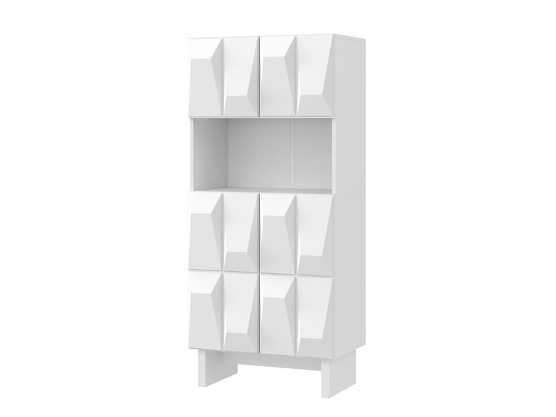 Buffet haut 60,5x34x135,5 cm, 4 portes, relief géométrique, niche ouverte, panneau de particules, blanc - Conforama A
