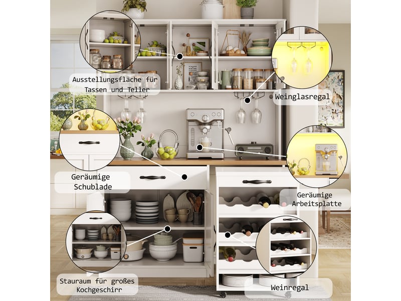  Buffet de cuisine 140x38x180 cm en mdf et verre, desserte amovible à roulettes, led, porte-verres et casier 9 bouteilles  - Conforama C