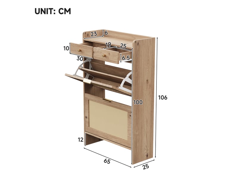  Meuble à chaussures étroit rotin 2 portes et tiroirs, armoire rangement entrée aspect bois 65x25x106cm  - Conforama B