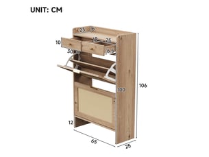 Meuble à chaussures étroit rotin 2 portes et tiroirs, armoire rangement entrée aspect bois 65x25x106cm