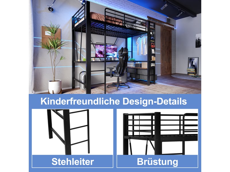  Lit mezzanine 90 x 200cm, structure métal, bureau, 4 tiroirs, étagères, led, usb type-c, sans matelas, noir  - Conforama C