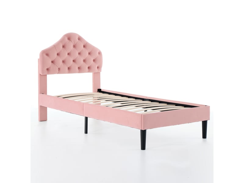  Lit 90x200cm - lit enfant 90x200 - lit simple rembourré en velours avec tête de lit capitonnée réglable - rose  - Conforama A
