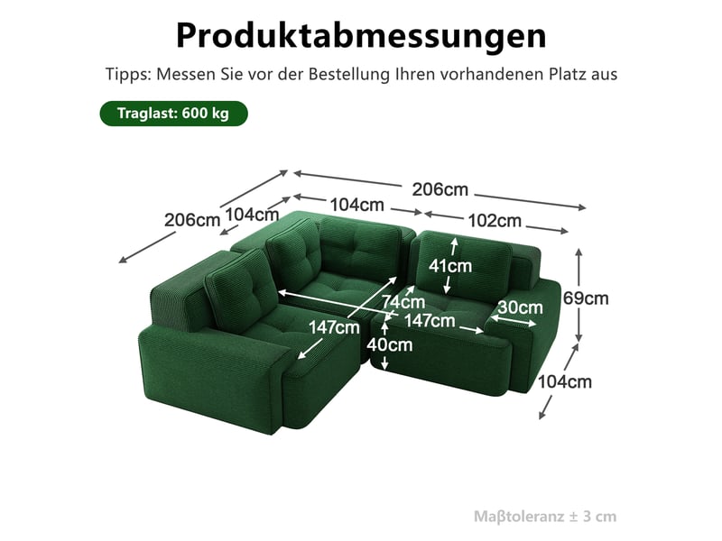  Canapé d’angle modulable profond velours côtelé vert – 206 x 206 x 69 cm Fay Lum - Conforama C