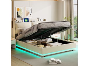 Lit 160x200cm - lit coffre 160x200cm - tête de lit de rangement, chargeur sans fil et led autour du lit - velours beige