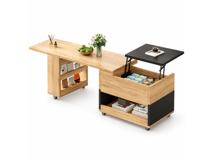 Table basse extensible 161,5 x 46 x 67 cm, plateau relevable, élément latéral pivotant à 360°, rangement, bois d’ingénierie, naturel et noir