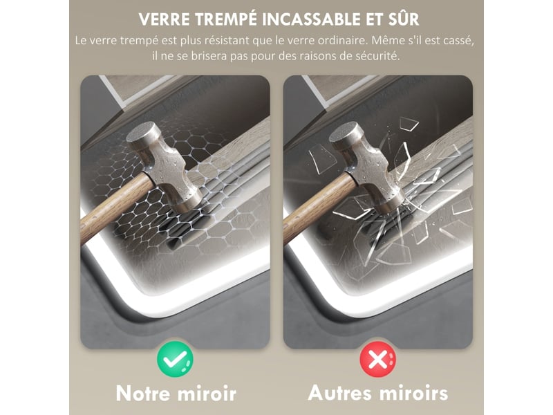 Miroir de salle de bain led bluetooth, miroir lumineux 70x90 cm avec fonction anti-buée, 3 couleurs réglables, interrupteur tactile et mémoire. - Conforama C