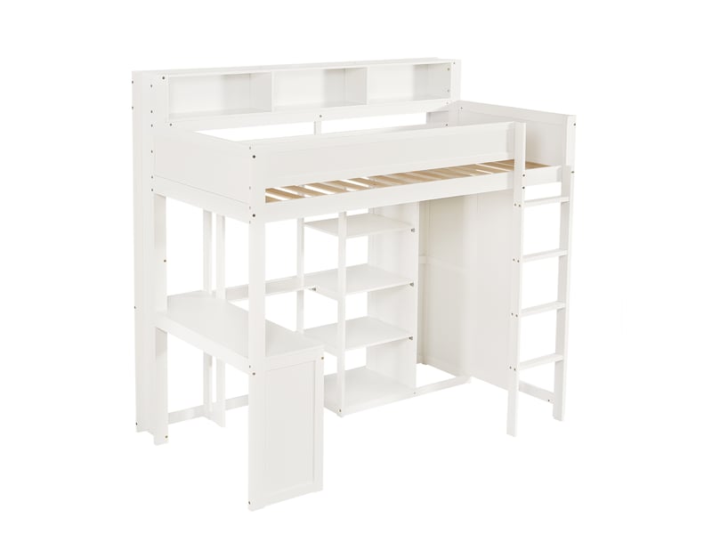  Lit mezzanine enfant 90x200 cm – blanc – bureau, armoire, étagères et échelle à 4 marches intégrés – sans matelas  - Conforama D