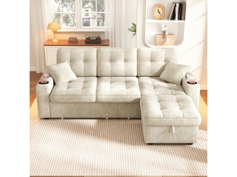  Canapé d’angle 3 places en chenille 194,5x133x83 cm, avec usb-c et led, porte-gobelets, rangements latéraux, 2 tiroirs et pouf coffre, beige  - Conforama D