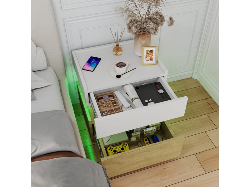  Table de chevet,50x40x50 cm,2 tiroirs avec led,blanc et bois naturel  - Conforama E