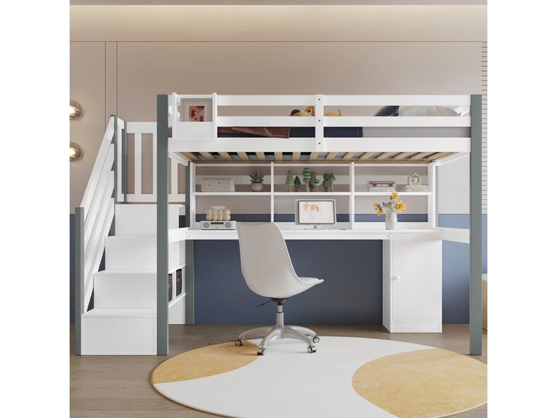  Lit mezzanine 90x200 cm avec bureau, lit enfant avec rangements escalier et bacs en tissu, structure en bois de pin massif et mdf, blanc  - Conforama C