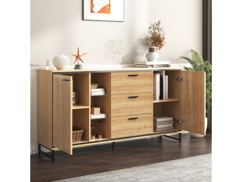  Buffet de salon, buffet couleur bois avec 2 portes, 3 tiroirs au veinage raffiné pour salon, salle à manger  - Conforama C