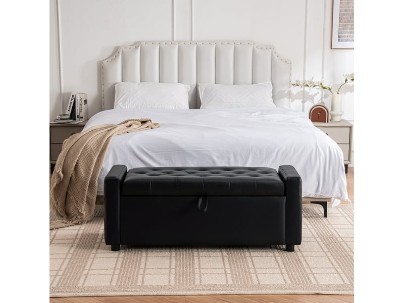  Banc coffre rectangulaire 122x45x47 cm en similicuir noir avec rangement  - Conforama D