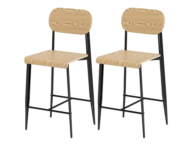  Tabouret de bar 2 pièces avec repose-pieds et patins réglables, style industriel, en acier, bois naturel  - Conforama A