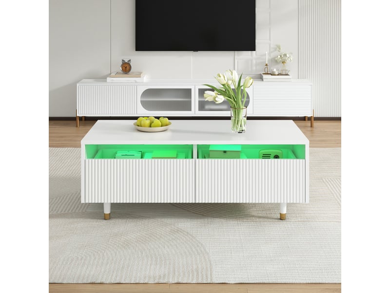  Table basse led blanche – 2 tiroirs ondulés, éclairage bluetooth – 110 x 50 x 40 cm  - Conforama B